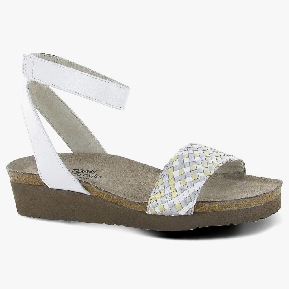 NAOT Abbie Womens Sandal EU 38 US 7-7.5 White Metallic Leather Cork Woven Wedge